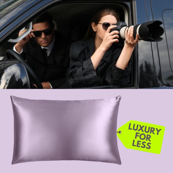 Investigators discover the best silk pillowcase for less—luxurious Blissy pillow in lavender mulberry silk with tag reading ‘Luxury for Less’