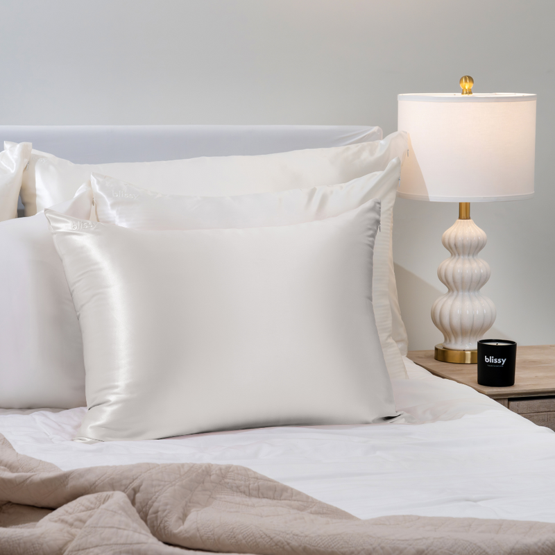 Blissy Standard White Pillowcase Lifestyle – Mulberry Silk