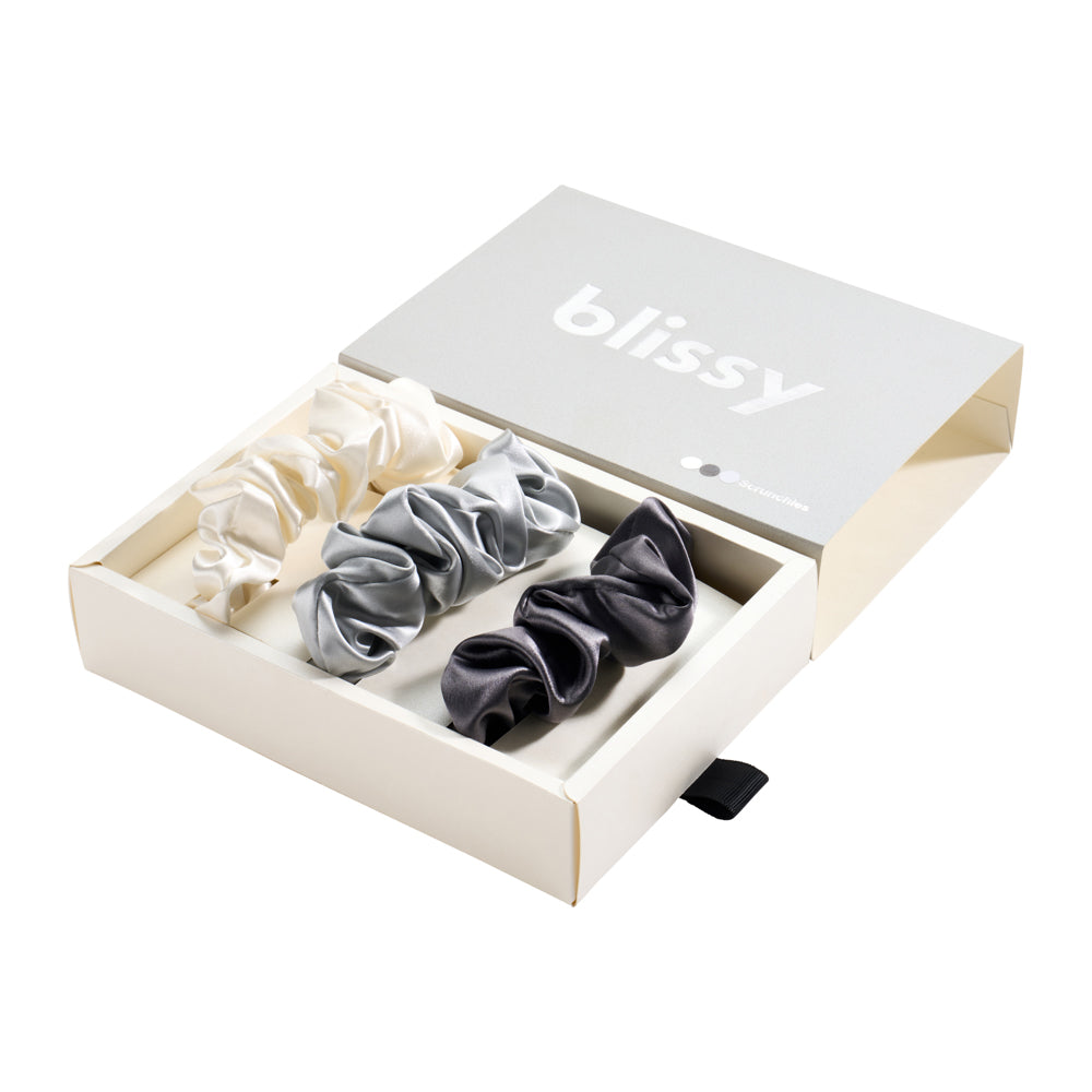 Blissy White, Gray, Silver Blissy Scrunchies – 22 Momme Mulberry Silk, 100% Silk