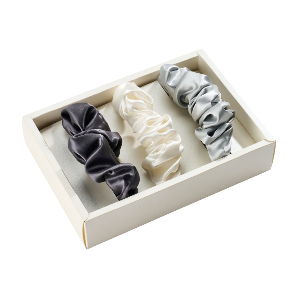 White, Gray, Silver Mulberry Silk Blissy Scrunchies – Blissy