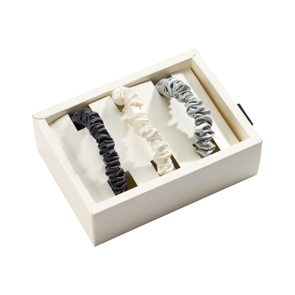 Blissy White, Gray, Silver Silk Blissy Skinny Scrunchies Detail –