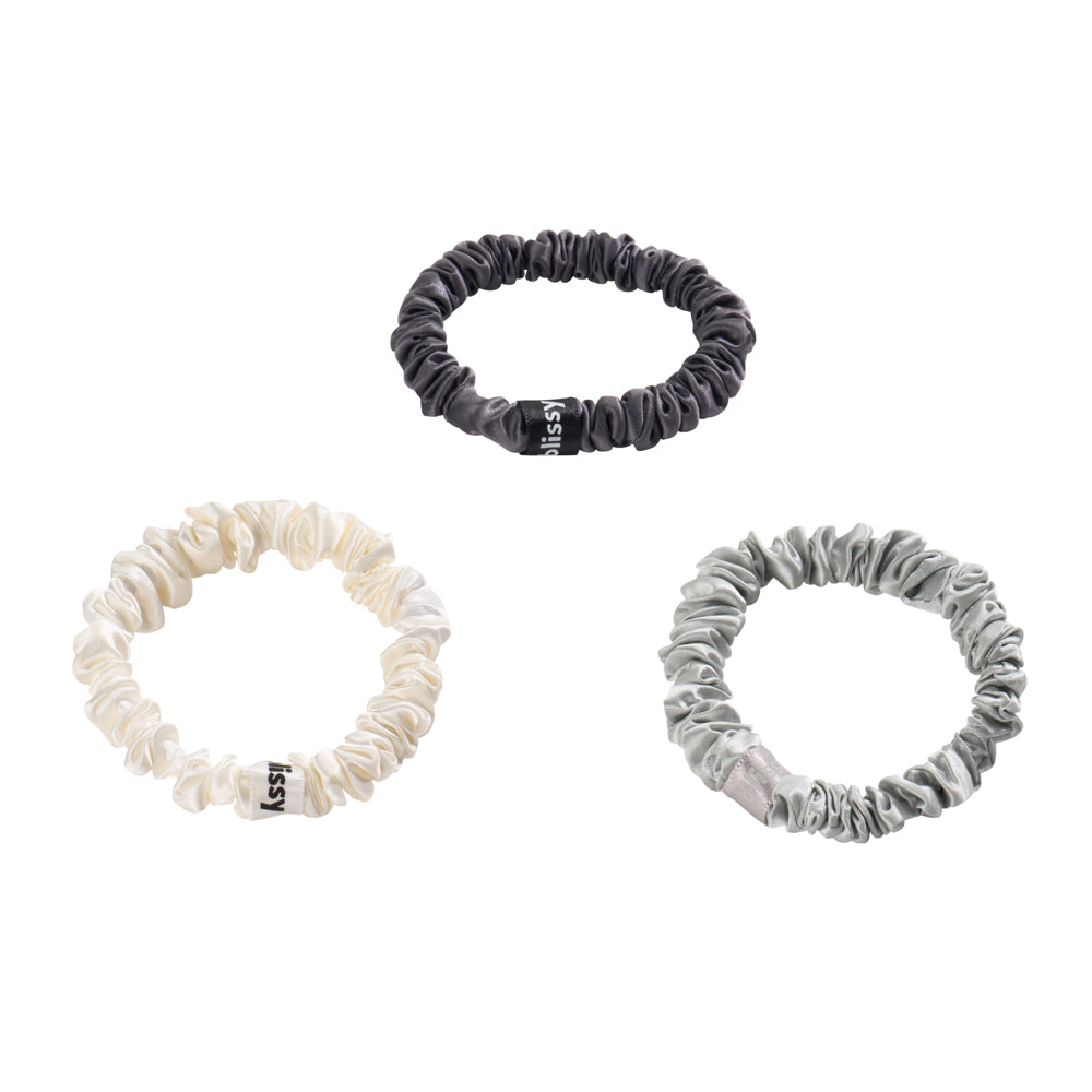 White, Gray, Silver Blissy Skinny Scrunchies Close-Up – Blissy 22 Momme Silk