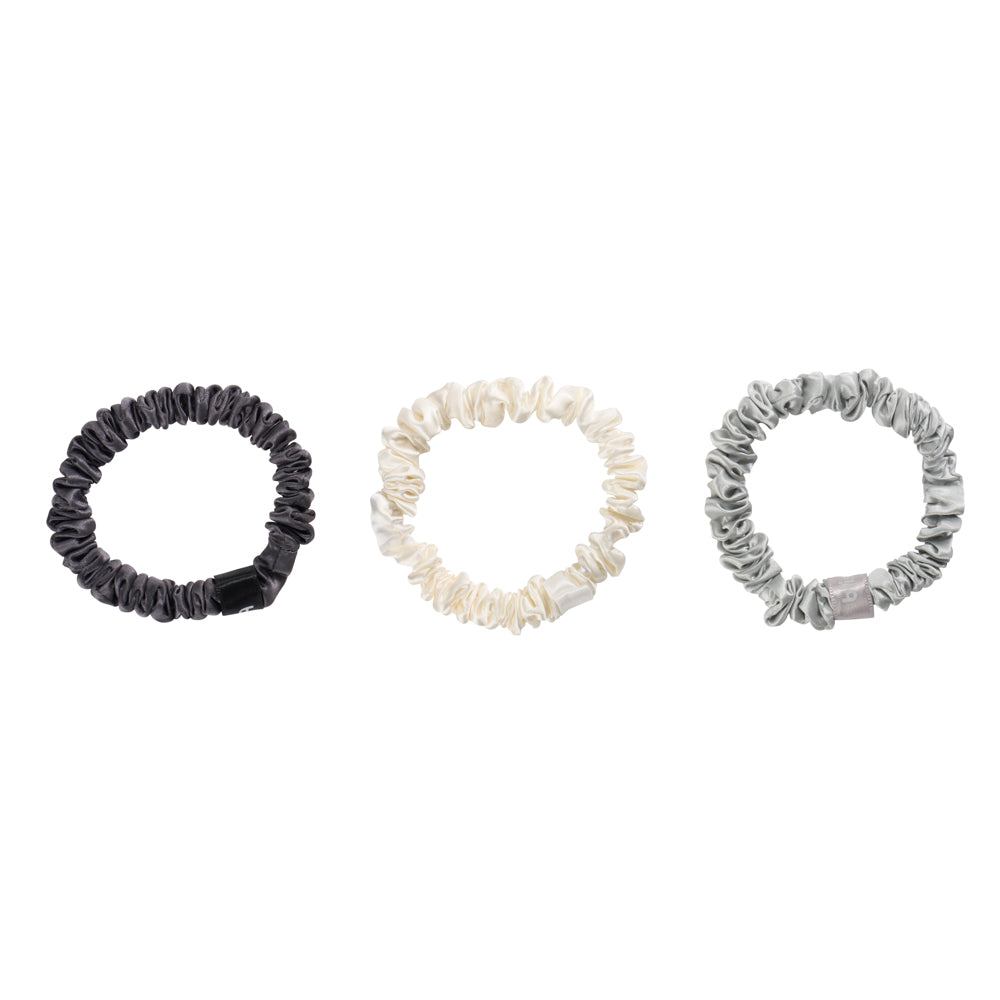 Blissy White, Gray, Silver Blissy Skinny Scrunchies Lifestyle – Mulberry Silk