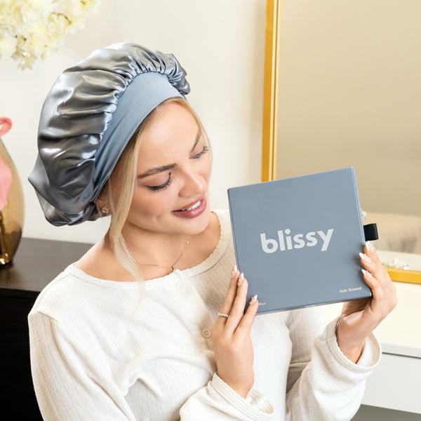Ash Blue Blissy Halo Bonnet Close-Up – Blissy 22 Momme Silk