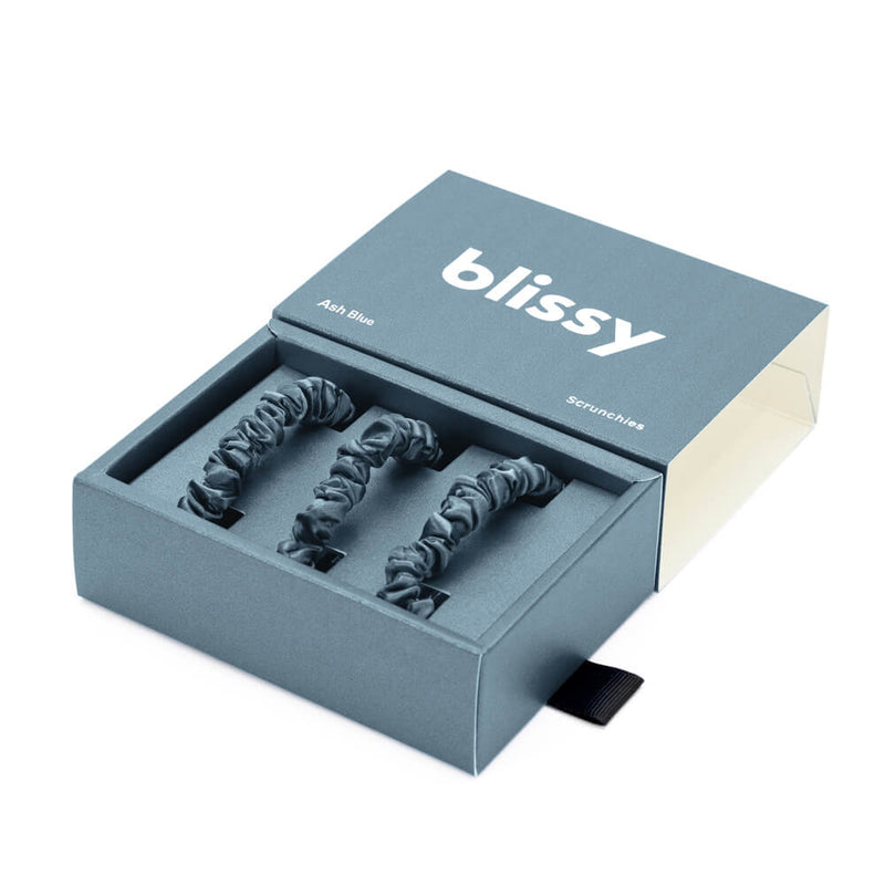 Blissy Skinny Scrunchies - Ash Blue - Blissy 100% Mulberry Silk Hair Ties Silk Blissy Silk Skinny Scrunchies (3-Pack) Detail –