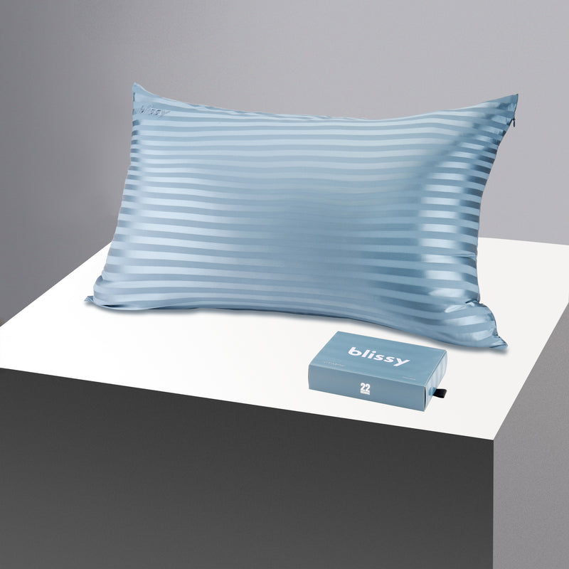 Pillowcase - Ash Blue Striped - King - Blissy King Ash Blue Striped Pillowcase – 22 Momme Mulberry Silk, 100% Silk