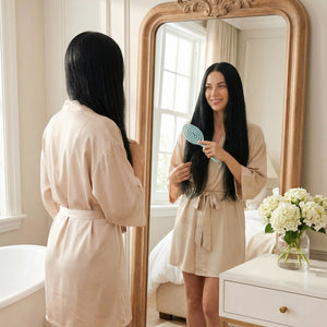 Blue Blissy Detangling Brush Close-Up – Blissy 22 Momme Silk