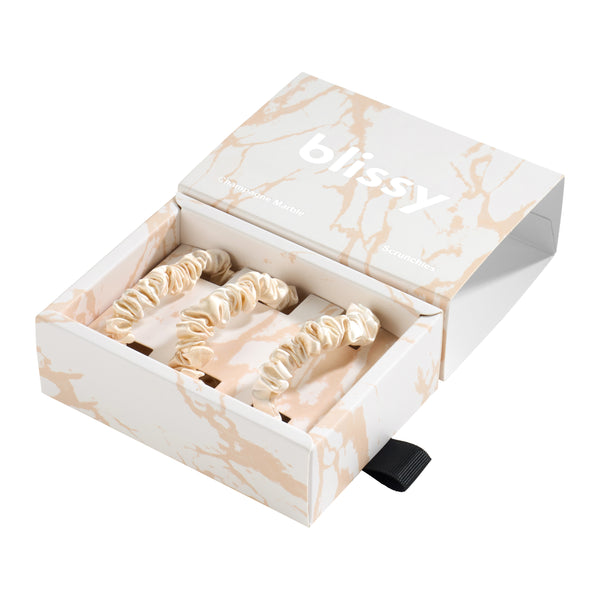 Blissy Champagne Marble Blissy Skinny Scrunchies – 22 Momme Mulberry Silk, 100% Silk