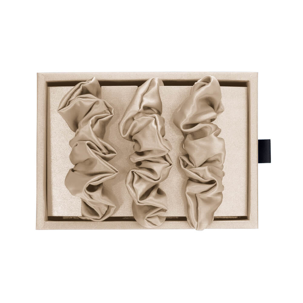 Champagne Blissy Scrunchies Close-Up – Blissy 22 Momme Silk