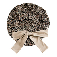 Leopard Blissy Bow Bonnet Close-Up – Blissy 22 Momme Silk