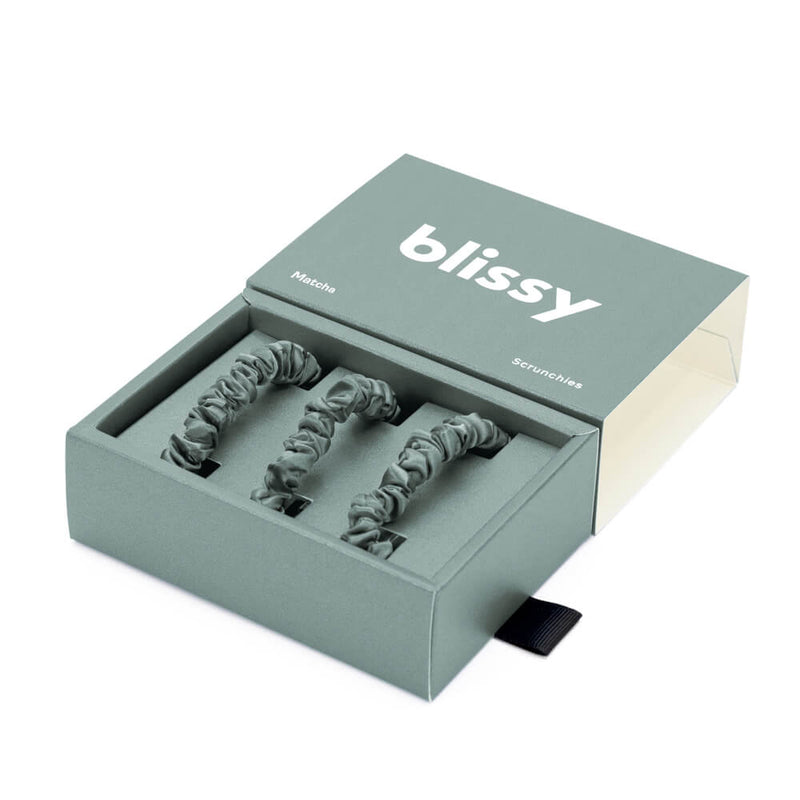 Blissy Skinny Scrunchies - Matcha - Blissy 100% Mulberry Silk Hair Ties Blissy Silk Skinny Scrunchies (3-Pack) Lifestyle – Mulberry Silk