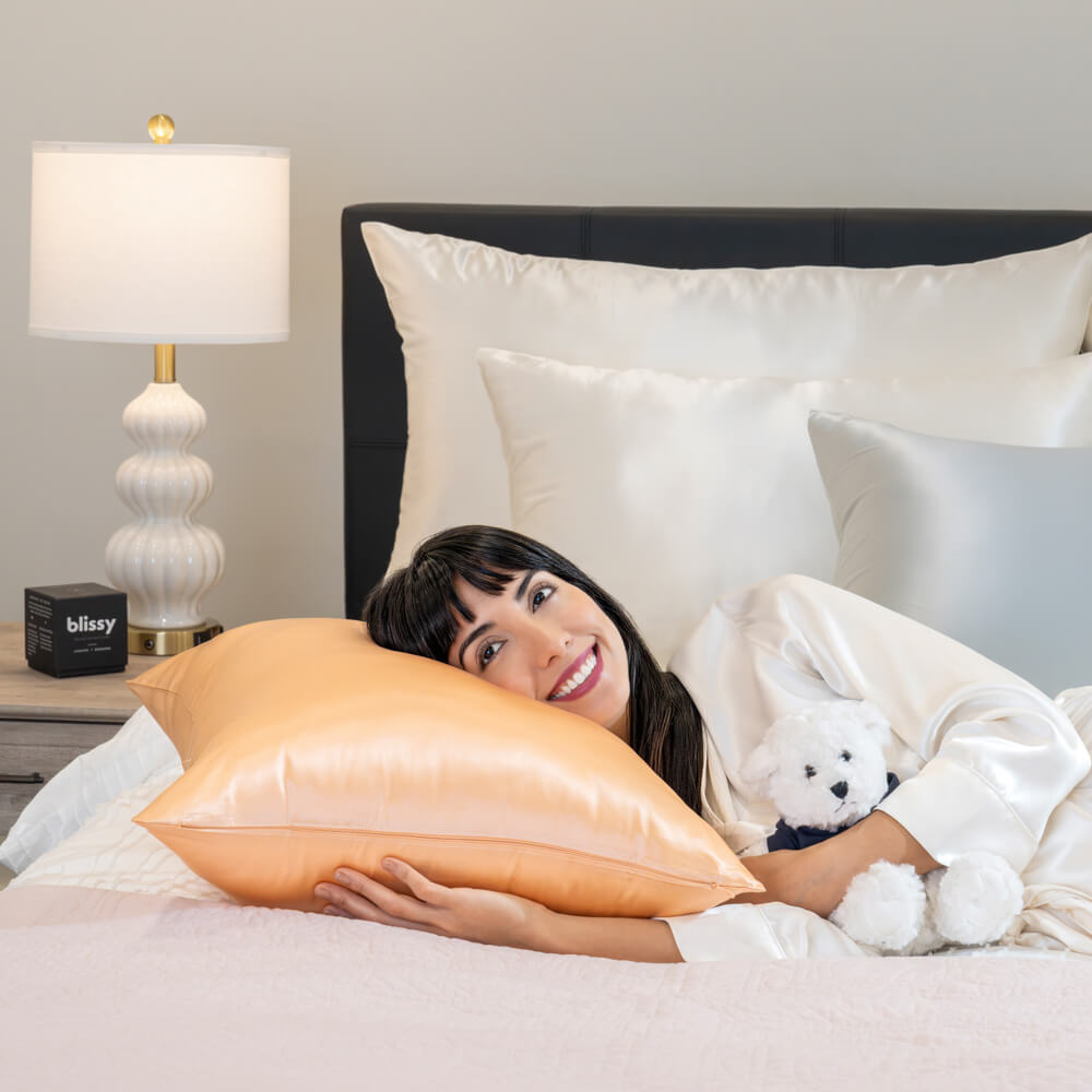 Blissy King Peach Pillowcase Lifestyle – Mulberry Silk