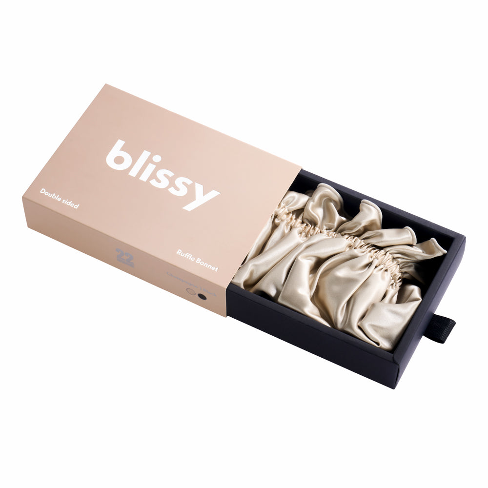 Blissy Champagne/Black Ruffle Bonnet – 22 Momme Mulberry Silk, 100% Silk