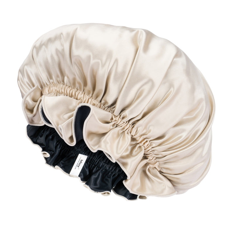 Blissy Champagne/Black Ruffle Bonnet – 22 Momme Mulberry Silk, 100% Silk