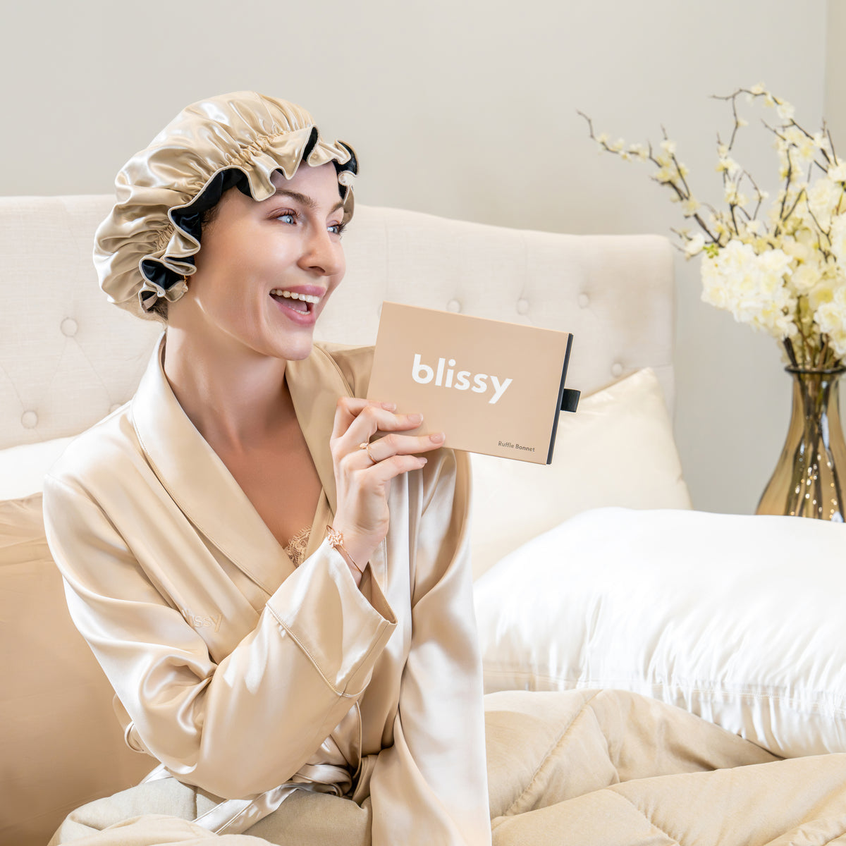 Blissy Champagne/Black Ruffle Bonnet – 22 Momme Mulberry Silk, 100% Silk – Lifestyle