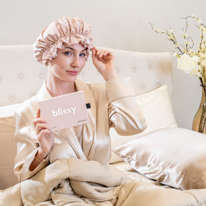 Blissy Ruffle Bonnet - Pink/White - Blissy Pink/White Ruffle Bonnet – 22 Momme Mulberry Silk, 100% Silk – Lifestyle