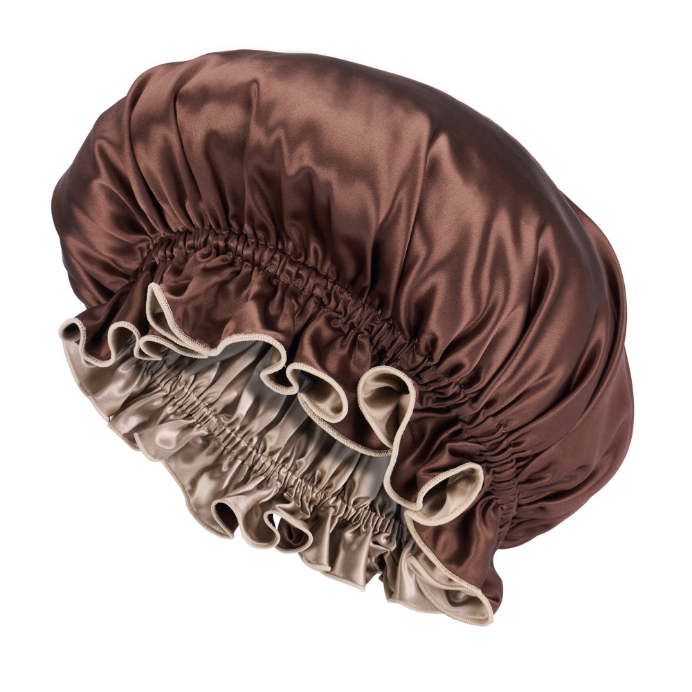Blissy Taupe/Chocolate Ruffle Bonnet – 22 Momme Mulberry Silk, 100% Silk