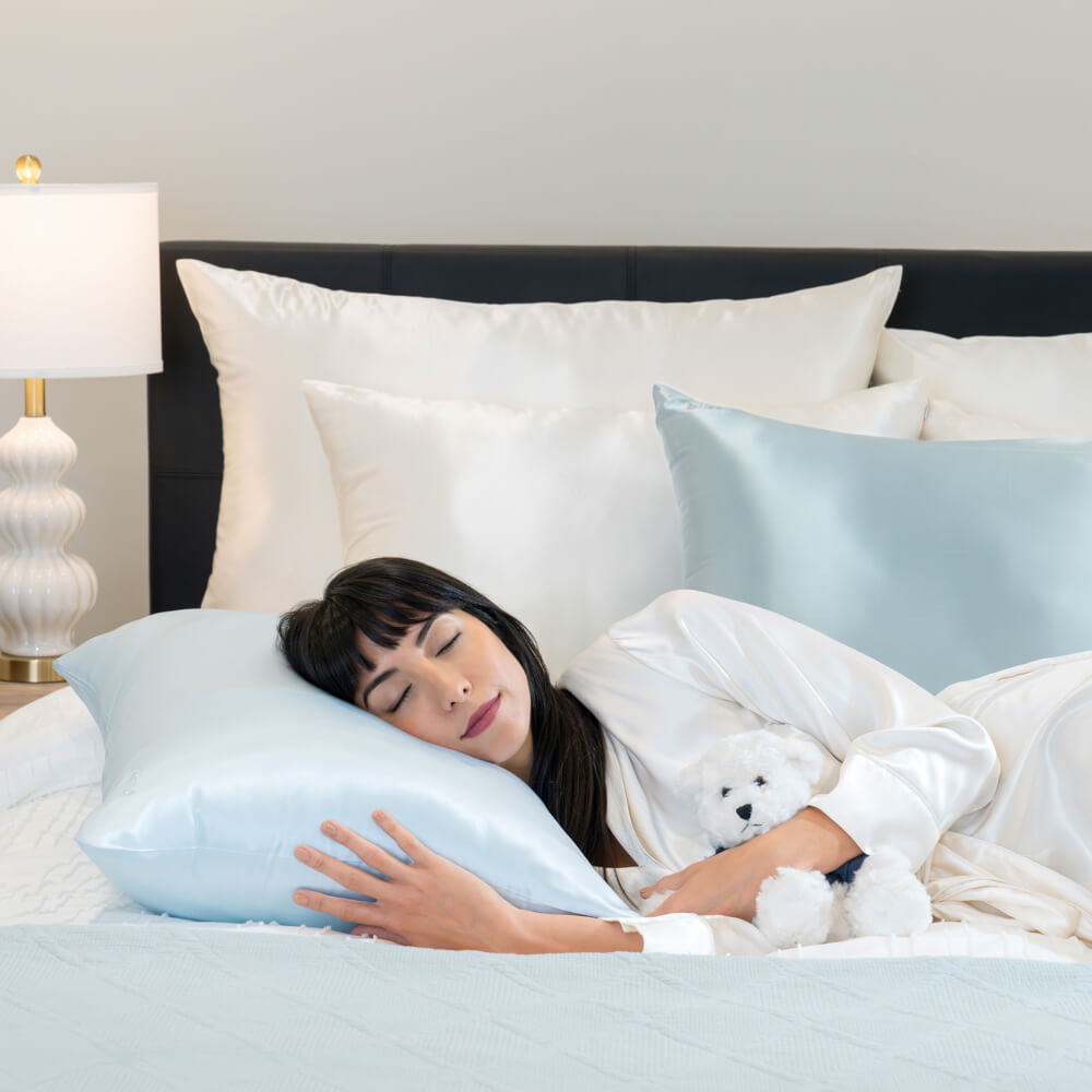 Sky Blue Pillowcase Close-Up – Blissy 22 Momme Silk