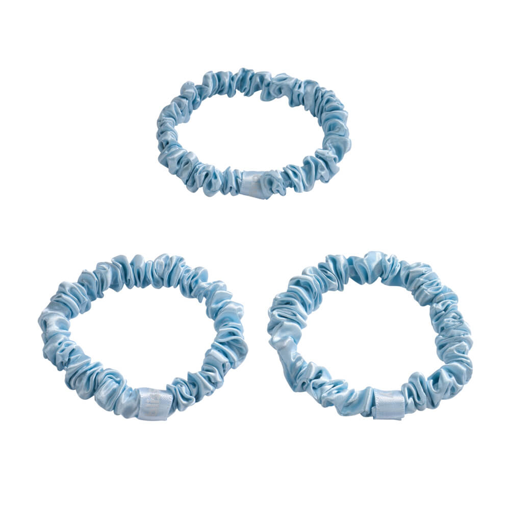 Sky Blue Blissy Skinny Scrunchies Close-Up – Blissy 22 Momme Silk