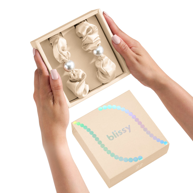 Blissy Pearl Scrunchies - Taupe - Blissy Taupe Blissy Pearl Scrunchies – 22 Momme Mulberry Silk, 100% Silk