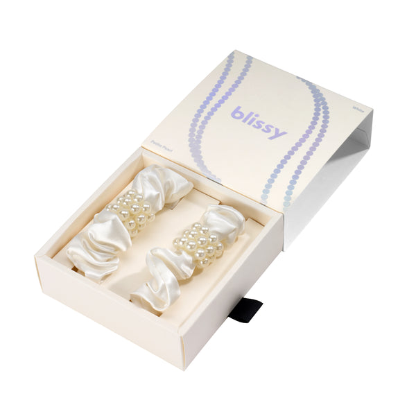 Blissy White Blissy Petite Pearl Scrunchies – 22 Momme Mulberry Silk, 100% Silk