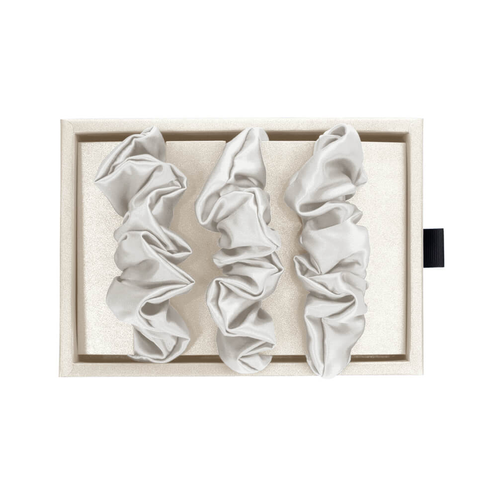 White Blissy Scrunchies Close-Up – Blissy 22 Momme Silk