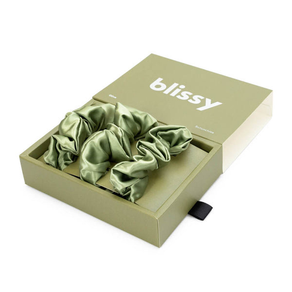 Blissy Olive Blissy Scrunchies – 22 Momme Mulberry Silk, 100% Silk