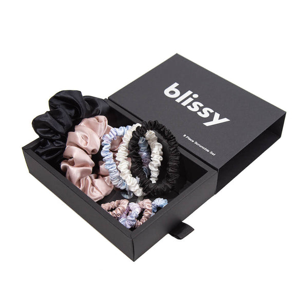 Blissy Black, White, Pink, Tie-Dye Blissy Scrunchies 9-Piece Set – 22 Momme Mulberry Silk, 100% Silk