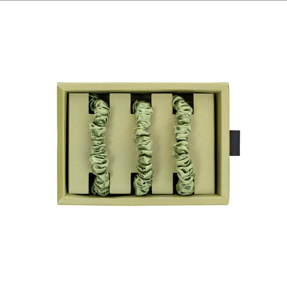 Blissy Olive Silk Blissy Skinny Scrunchies Detail –