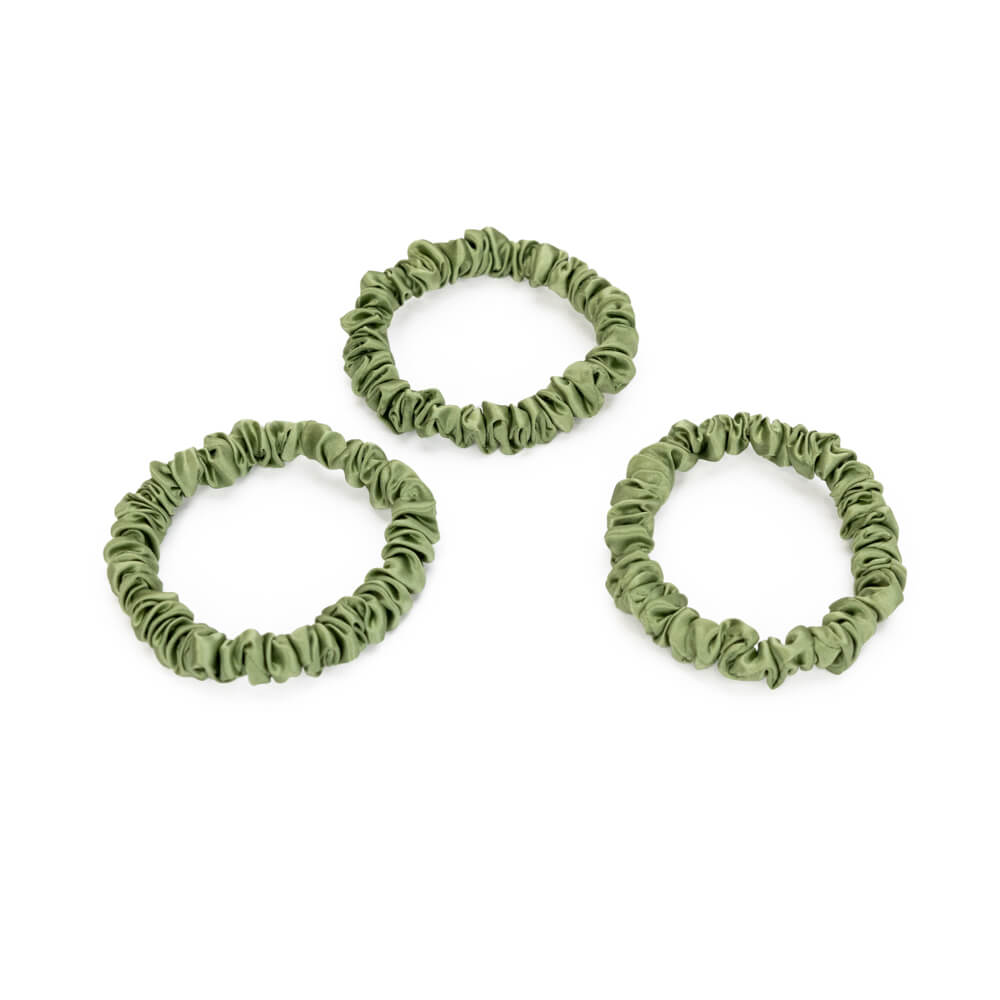 Olive Blissy Skinny Scrunchies Close-Up – Blissy 22 Momme Silk