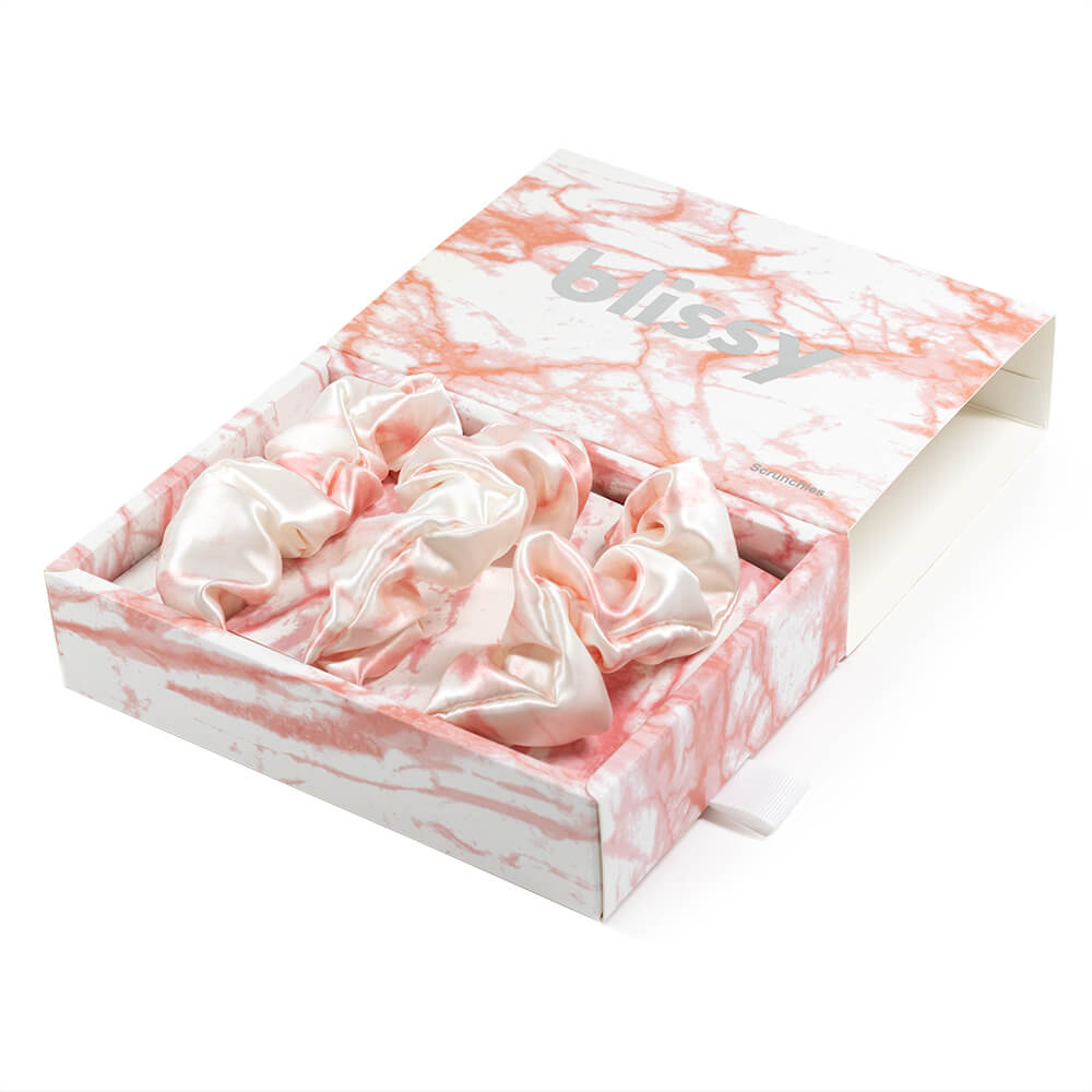 Blissy Rose White Marble Blissy Scrunchies – 22 Momme Mulberry Silk, 100% Silk