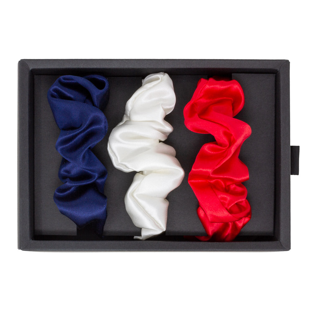 Blissy Red, White, Blue Silk Blissy Scrunchies Detail –