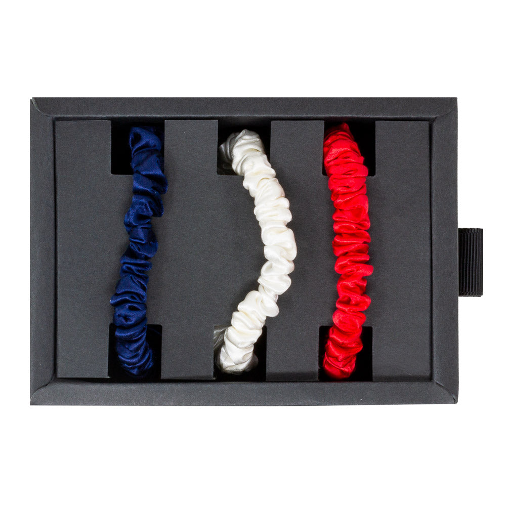 Blissy Red, White, Blue Silk Blissy Skinny Scrunchies Detail –